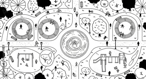 Architectural plan of a public park with playground and seating areas.