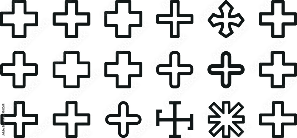 Obraz premium Collection of black outlined cross shapes and symbols on white background, plus sign