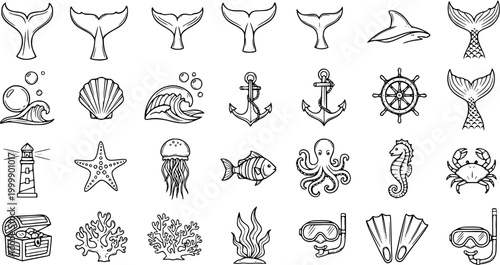 Nautical Icons: Black and White Line Art Collection of Marine Life and Objects