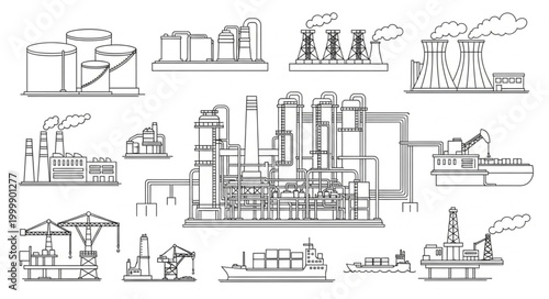 Industrial Factory Buildings Collection Line Art Style.