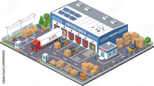isometric factory scene with renewable energy sources
