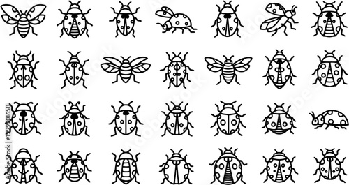 Nature Bugs and Insects Line Art Icons Set. Simple Black and White Outline Vector Collection of Beetles, Ladybugs, Butterflies, and Bees for Entomology  Biology.