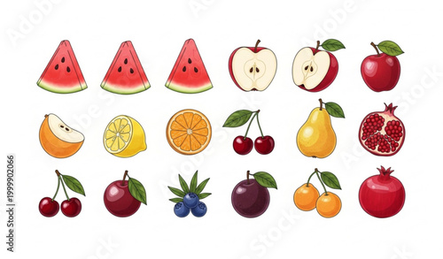 Assorted Fresh Organic Fruits Flat Lay Composition Isolated Vector Illustration on White Background