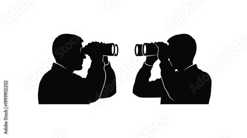 Two men observing with binoculars a striking black silhouette