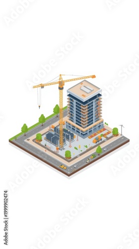 Isometric building construction site with a tall crane and ongoing work on a new urban skyscraper project in a city neighborhood setting isolated on white background