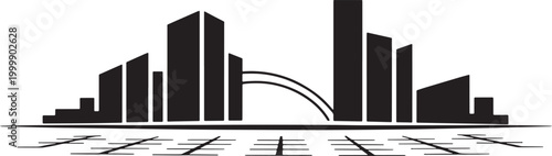 Modern urban city skyline silhouette featuring multiple tall buildings and an arched