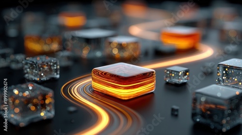 Abstract Glowing Cubes and Light Trails on Dark Background Representing Technology and Data Flow