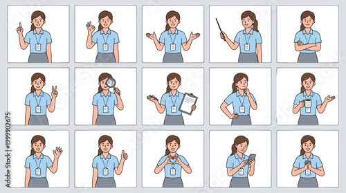 Cartoon Professional Business Woman Character Collection Set with Different Hand Gestures and Poses Wearing Blue Uniform Flat Style Vector Illustration on White Background