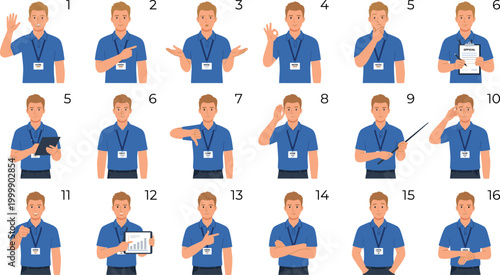 Cartoon Professional Business Man Character Collection Set with Different Hand Gestures and Poses Wearing Blue Uniform Flat Style Vector Illustration on White Background