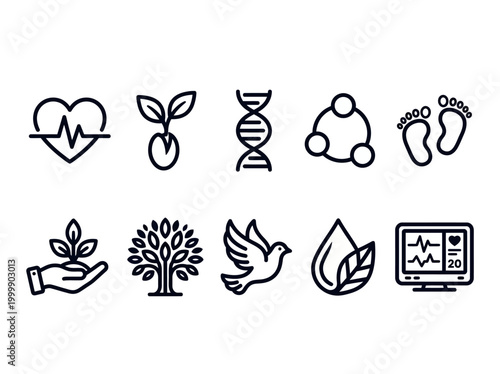 Health, Nature, and Science Line Icon Set - Medical, Ecology, and Life Symbols