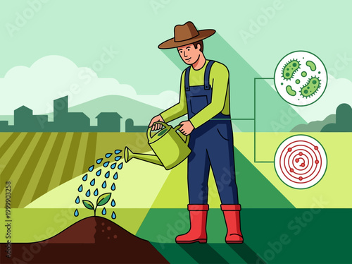 Farmer Watering Plant with Soil Microbes and Nutrient Science Icons, Sustainable Agriculture and Biotechnology Concept Illustration