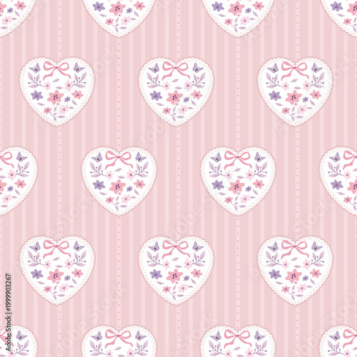 Foto Shabby Chic Floral Heart Seamless Pattern with Pink Stripes Background