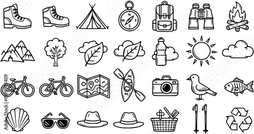 Outdoor Camping and Hiking Icons Set - Black and White Line Art