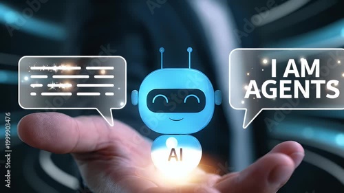 Futuristic AI chatbot agent communicating on a human hand