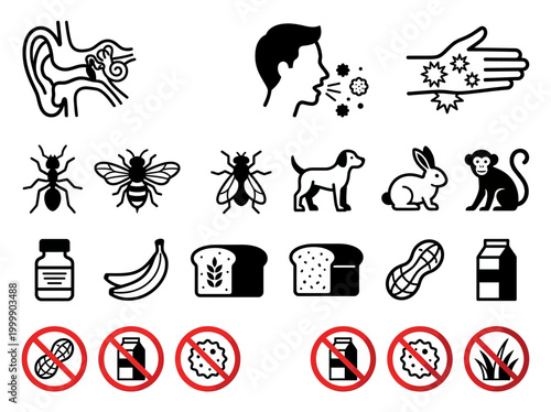 Allergy and Food Intolerance Icon Set: Vector Symbols for Medical Symptoms, Allergens, and Dietary Restrictions