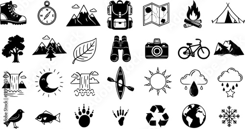 Outdoor Camping and Hiking Icons: Boot, Compass, Mountains, Backpack, Map, Fire, Tent, Tree, Leaf, Binoculars, Camera, Bike, Waterfall, Moon, Sun, Cloud, Kayak, Bird, Fish
