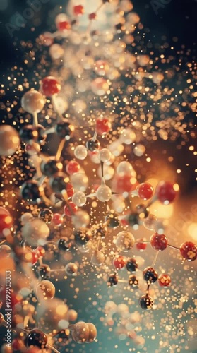 Molecular structure with glowing particles and connections, abstract chemistry network, macro scientific background with vibrant colors and soft light effects.