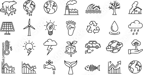Environmental Protection Icons Set - Climate Change, Sustainability, Nature, Pollution, Renewable Energy - Line Art