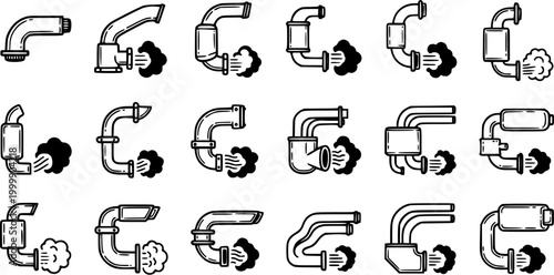 Exhaust Pipe Icons, Automotive System, Black and White Line Art Vector Set