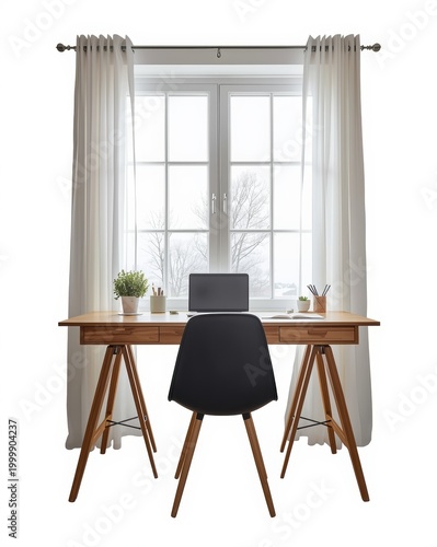 Modern home office workspace with a wooden desk and black chair placed in front of a bright window with light curtains isolated on white background