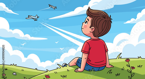 cartoon boy, sitting on hill, watching planes, blue sky