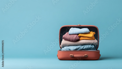 An open brown suitcase lies on a light blue background, containing neatly folded colorful clothes.
