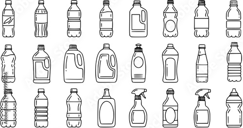 Black and White Line Art Collection of Assorted Plastic Beverage and Cleaning Bottles