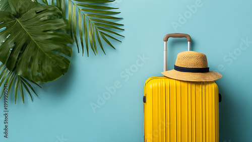 A bright yellow suitcase with a straw hat on top sits on a bright blue background, framed by green palm leaves.