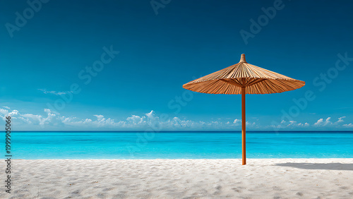 A serene beach scene featuring thatched umbrellas on the pristine white sand.