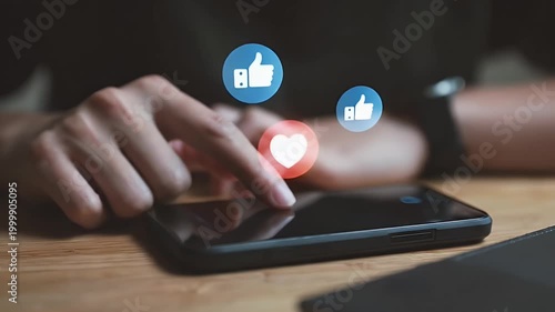 Hands using smartphone with floating social media notification icons