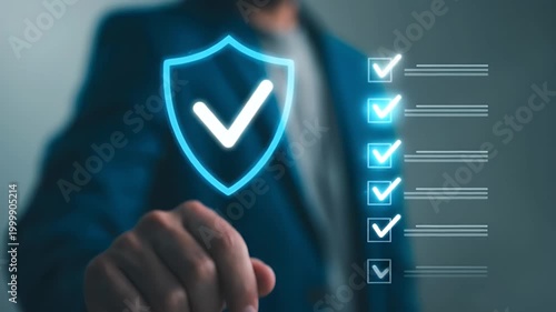 Businessman Interacting with Digital Cybersecurity Shield and Checklist