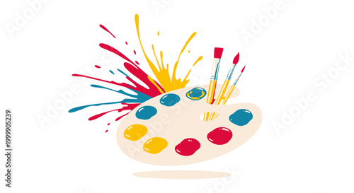 Artist Palette and Paintbrushes with Colorful Paint Splashes