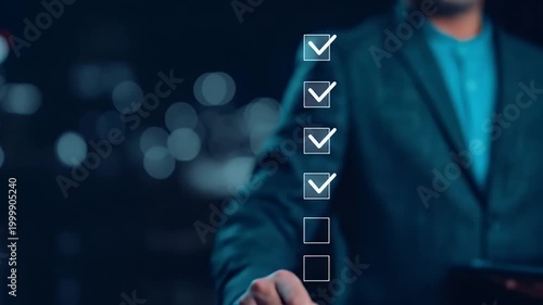 Businessman checking boxes on a virtual digital interface checklist