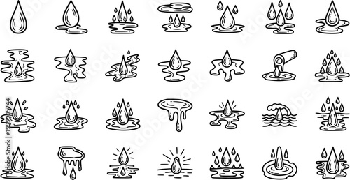 Black and White Line Art Icons of Water Drops and Liquid Splashes, Clean Vector Graphics