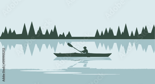 Kayaker paddling on a calm lake with forest reflections illustration