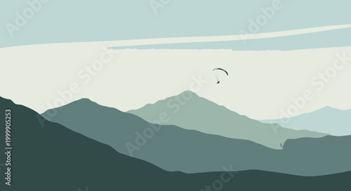 Minimalist Vector Illustration of Paraglider over Mountains