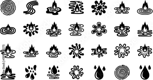 Black and White Glyph Icons: Nature Elements of Fire, Water, Drops, Splashes, and Ripples Representing Abstract Concepts and Interactions