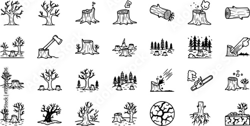 Black and White Line Art Icons of Trees and Tree Stumps for Deforestation and Forestry