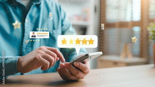 Man providing five star customer review rating on smartphone