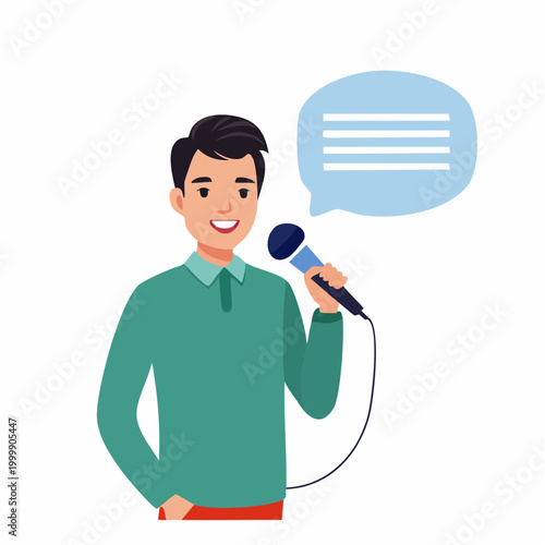Man Speaking into Microphone with Speech Bubble