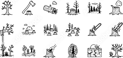 Doodle Black and White Line Art Deforestation Icons Set: Logging, Tree Stumps, Chainsaw, Axe, Environmental Damage