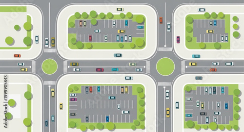 Aerial view of a busy city intersection with roundabouts and parking lots.