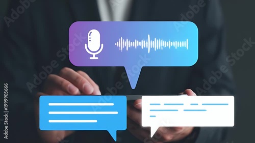 Businessman using smartphone for voice recording and messaging