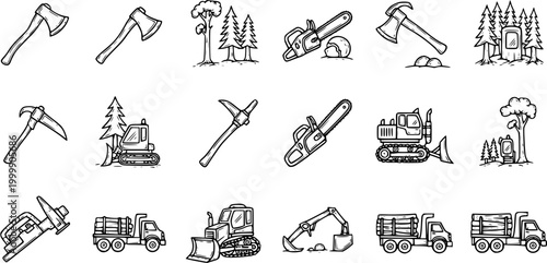 Black and White Line Art Icons of Logging and Construction Equipment
