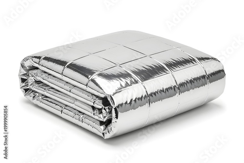 Folded shiny emergency blanket on white background