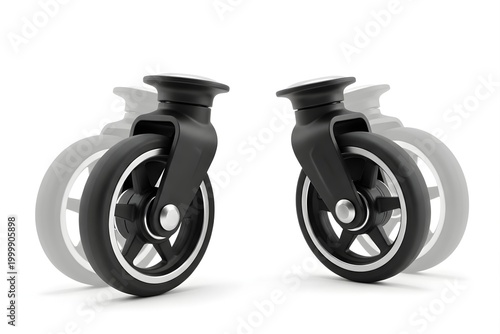 pair of black caster wheels on white background