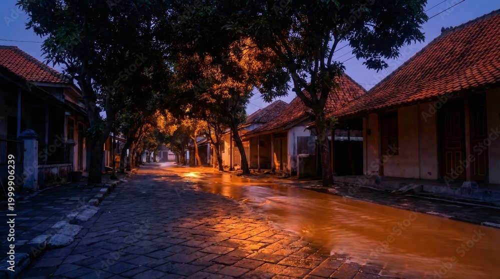 Fototapeta premium Authentic traditional house in Javanese village at sunset for heritage travel concept