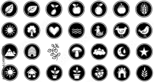 Hand-Drawn Organic Farm  Nature Icons Set - Black and White Textured Glyphs for Agriculture, Food, and Environment
