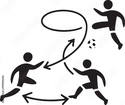 Tactical Soccer Movement Diagram with Abstract Player Silhouettes and Arrows for Match Strategy