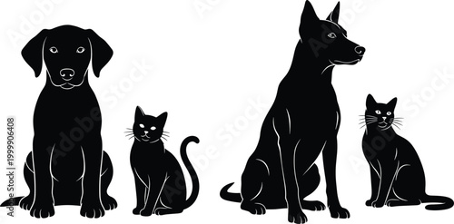 Dog and cat silhouette pairs with different ear and tail styles representing pets, animals, companionship, adoption, care, and design themes